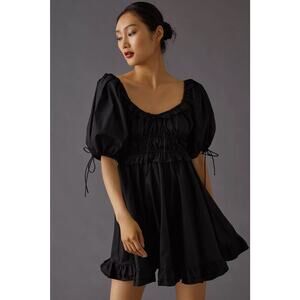 Anthropologie En Saison Puff-Sleeve Mini Dress Black 100% Cotton Ruffles Sz XS